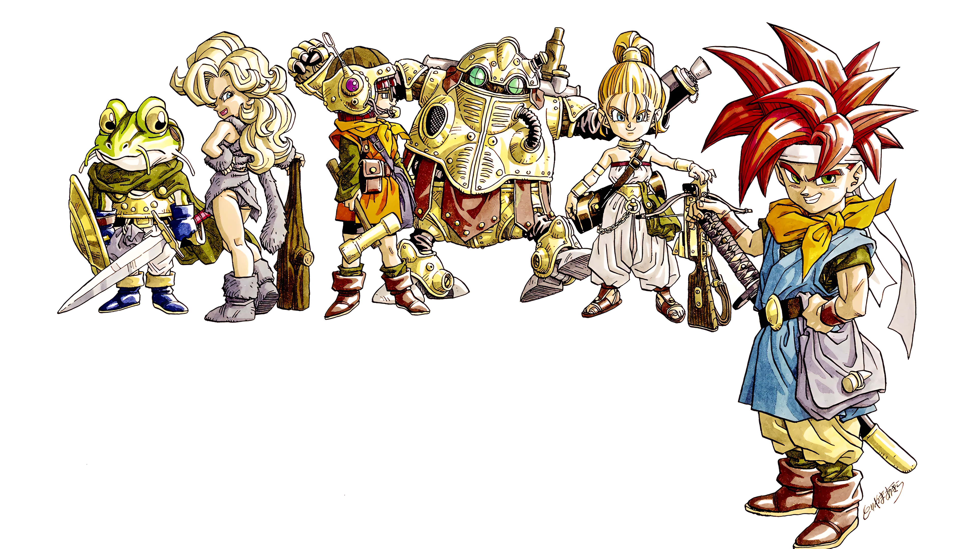 1990s_(style) 1boy 3girls absurdres ayla_(chrono_trigger) blonde_hair blue_eyes boots bow_(weapon) cape chrono_trigger club_(weapon) crono_(chrono_trigger) crossbow frog frog_(chrono_trigger) frog_boy fur_boots green_cape grey_boots hammer headphones high_ponytail highres holding holding_shield holding_sword holding_weapon katana long_hair lucca_ashtear marle_(chrono_trigger) multiple_girls non-web_source official_art ponytail red_hair retro_artstyle robo_(chrono_trigger) robot shield simple_background spiked_hair sword toriyama_akira weapon white_background