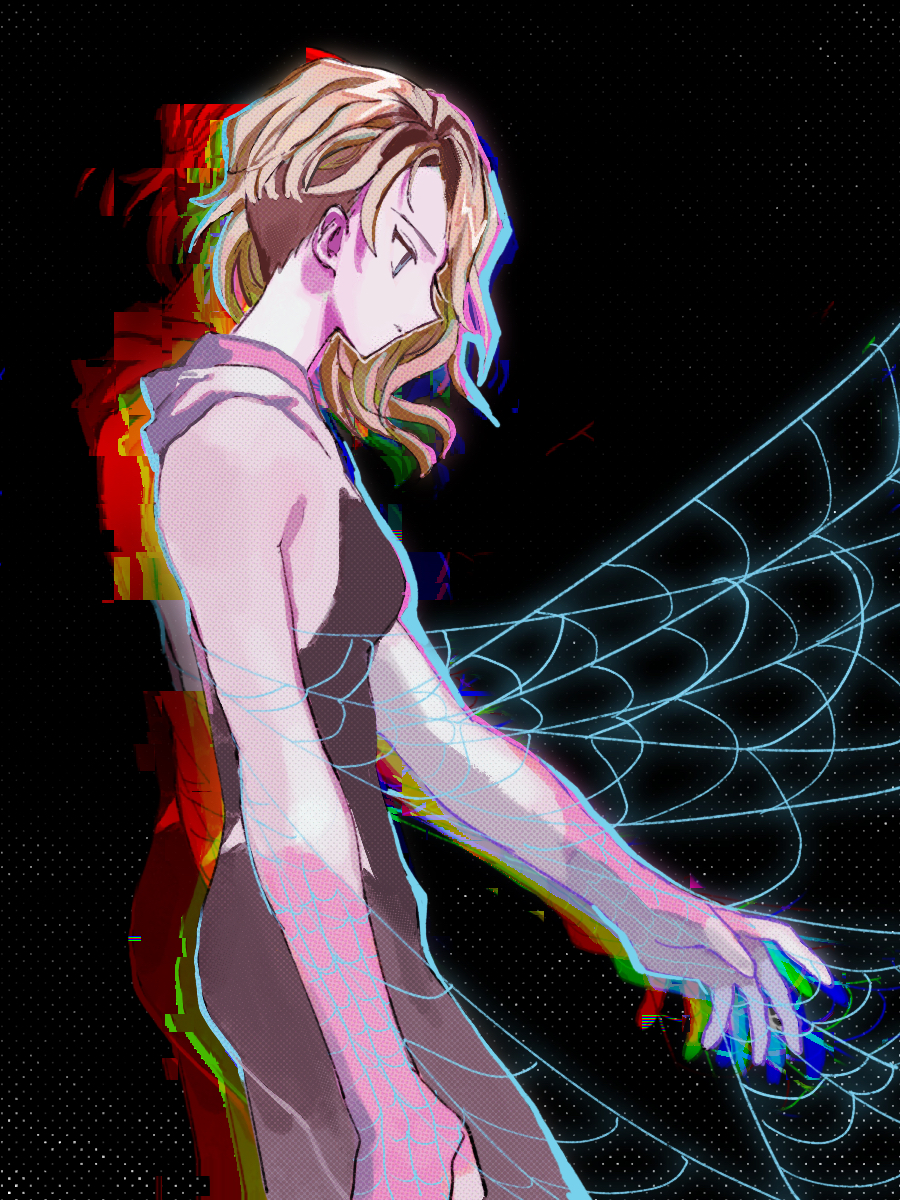 1girl asymmetrical_hair black_background blonde_hair blue_eyes bodysuit commentary_request cowboy_shot gwen_stacy highres hood hood_down long_hair looking_down looking_to_the_side marvel sidecut silk solo spider-gwen spider-man:_across_the_spider-verse spider-man_(miles_morales) spider-man_(series) spider-verse spider_web superhero_costume tami_tome_mo undercut
