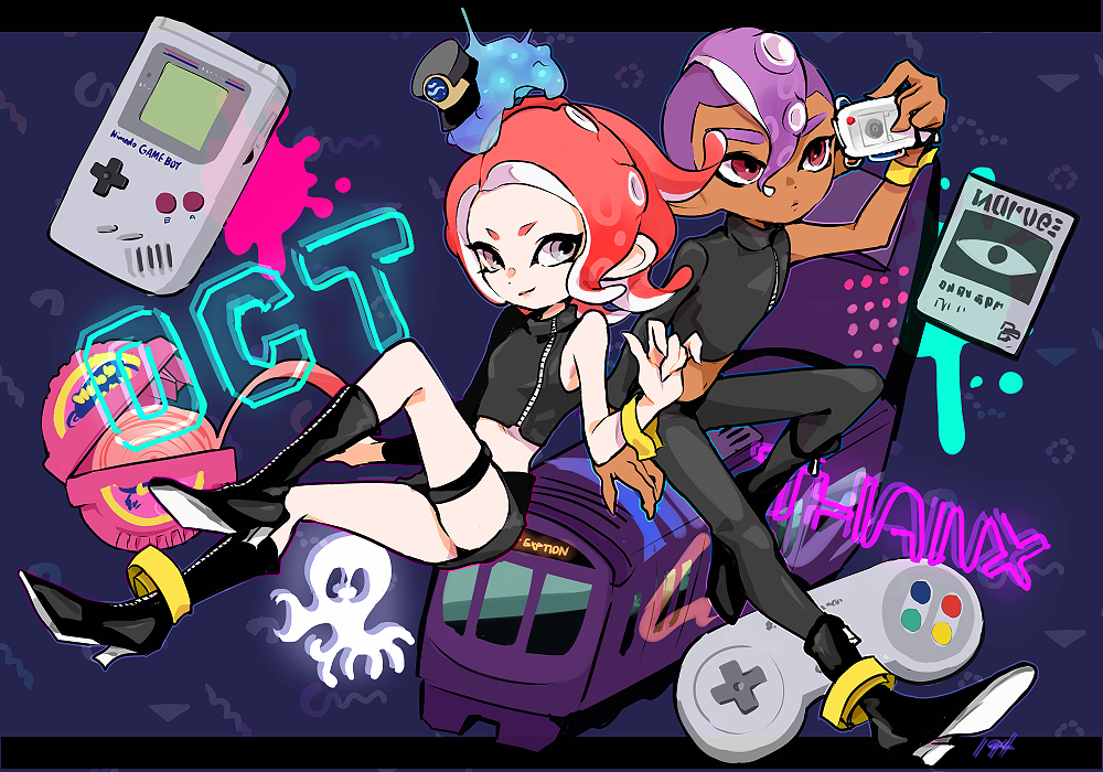 1boy 1girl agent_8_(splatoon) anklet black_boots black_pants black_shirt black_skirt boots c.q._cumber_(splatoon) chewing_gum closed_mouth commentary_request crop_top dark-skinned_male dark_skin fingernails full_body game_boy game_boy_(original) grey_eyes hair_between_eyes handheld_game_console hubba_bubba imaikuy0 jewelry knee_boots letterboxed medium_hair midriff navel nintendo octoling pants parted_bangs pencil_skirt purple_hair red_eyes red_hair sharp_fingernails shirt short_hair single_bare_shoulder single_sleeve skirt smile splatoon_(series) splatoon_2 splatoon_2:_octo_expansion super_famicom_gamepad tentacle_hair thigh_strap wristband zipper