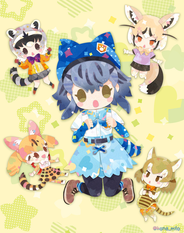 5girls animal_ears apron belt black_dress blonde_hair blue_headwear bow bowtie brown_eyes brown_hair cardigan cat_ears cat_girl cat_tail crab-eating_raccoon_(kemono_friends) dress elbow_gloves extra_ears fox_ears fox_girl fox_tail gloves grey_hair hikari_(kemono_friends) kemono_friends kemono_friends_3 kikuchi_milo large-spotted_genet_(kemono_friends) long_hair looking_at_viewer multiple_girls pantyhose raccoon_ears raccoon_girl raccoon_tail rueppell&#039;s_fox_(kemono_friends) shirt shoes simple_background skirt socks tail thighhighs thylacine_(kemono_friends) tiger_ears tiger_girl tiger_tail twintails