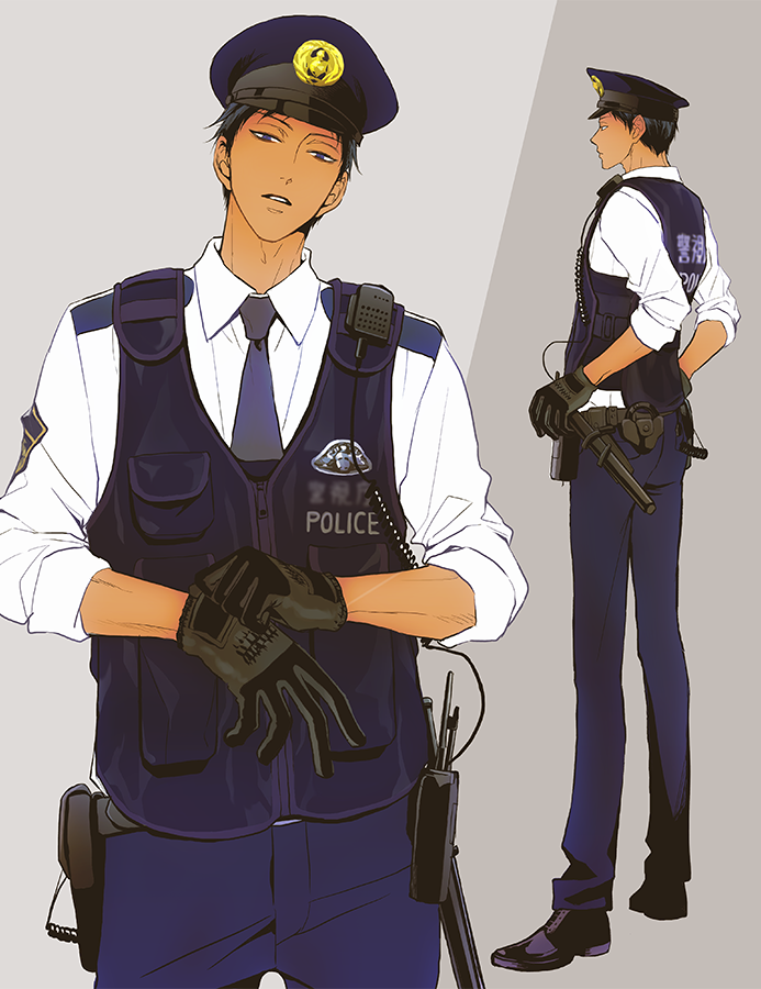 1boy a_jou adjusting_clothes adjusting_gloves aomine_daiki baton_(weapon) belt black_belt black_footwear black_gloves black_hair blue_eyes blue_necktie blue_pants blue_vest collared_shirt commentary_request dark-skinned_male dark_skin full_body gloves hands_on_own_hips hat holstered kuroko_no_basuke looking_at_viewer male_focus multiple_views necktie official_alternate_costume pants parted_lips peaked_cap police police_hat police_uniform shirt short_hair sleeves_rolled_up standing teeth utility_vest vest walkie-talkie weapon white_shirt