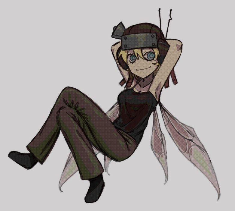 1girl arms_behind_head black_footwear black_shirt blonde_hair blue_eyes breasts brown_pants c&#039;venash_vishneri cleavage closed_mouth collarbone crossed_legs dsrfrpprvl grey_background hair_between_eyes hashtag-only_commentary helmet looking_to_the_side medium_breasts pants psychopomp_(game) radio_antenna shirt short_hair simple_background sleeveless sleeveless_shirt smile solo wings