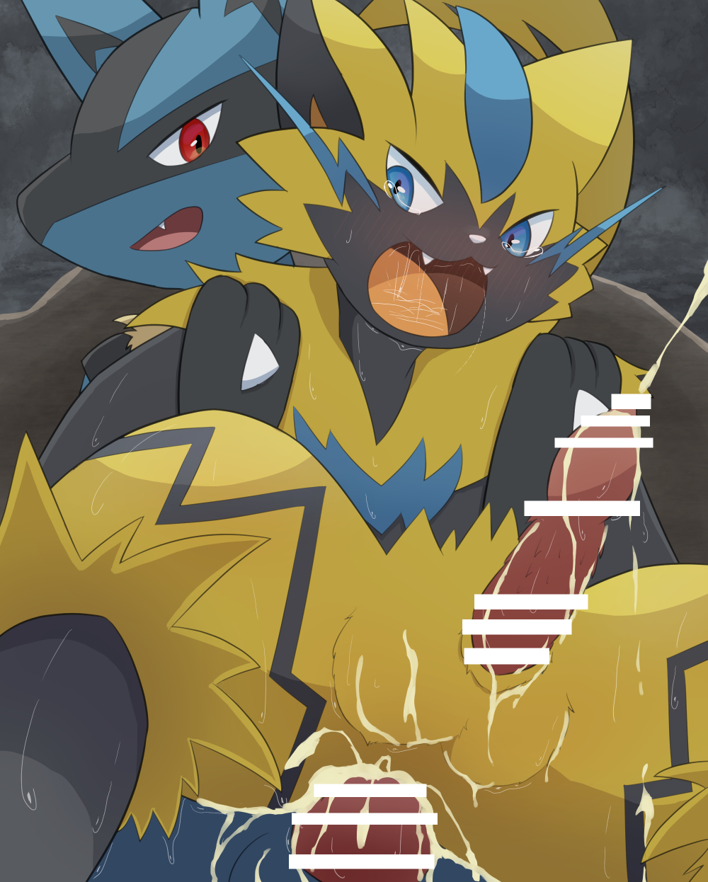 2boys anal animal_ears bar_censor blue_eyes blue_fur blush censored cum cum_in_ass cum_overflow ejaculating_while_penetrated ejaculation furry furry_male furry_with_furry gen_4_pokemon gen_7_pokemon highres legendary_pokemon lucario male_focus multiple_boys mythical_pokemon nintendo open_mouth penis pokemon pokemon_(creature) red_eyes rumine_(yoshi1234567) sex sex_from_behind tears testicles yaoi yellow_fur zeraora