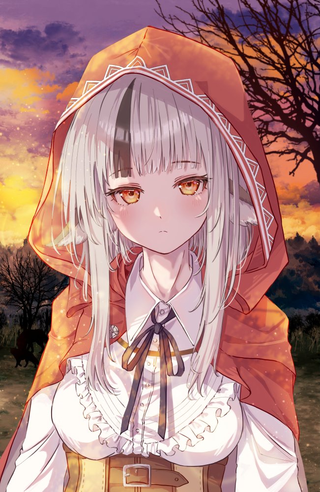 1girl animal_ears black_ribbon brown_corset cape corset fire_emblem fire_emblem_fates forest fuussu_(21-kazin) grey_hair hood hood_up hooded_cape light_blush looking_at_viewer multicolored_hair nature nintendo orange_eyes red_hood ribbon solo streaked_hair sunset tail tree two-tone_hair velouria_(fire_emblem) wolf_ears wolf_girl wolf_tail