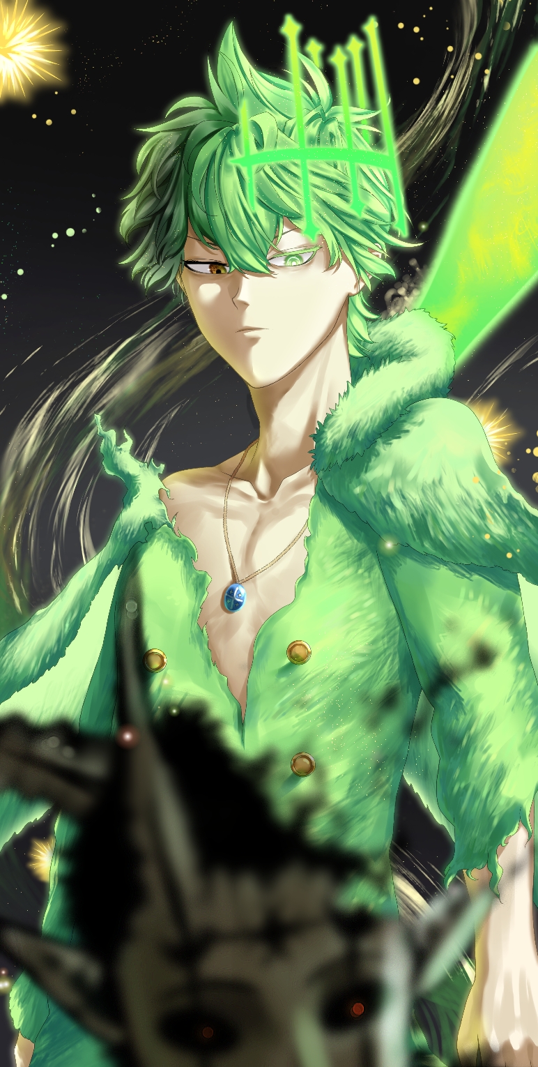 2boys black_clover cape demon demon_horns fairy_wings fur-trimmed_cape fur_trim green_eyes green_hair green_halo halo heterochromia highres horns jewelry kisany looking_at_another multiple_boys pendant red_eyes star_(symbol) torn_clothes wind wings yellow_eyes yuno_(black_clover) zenon_zogratis