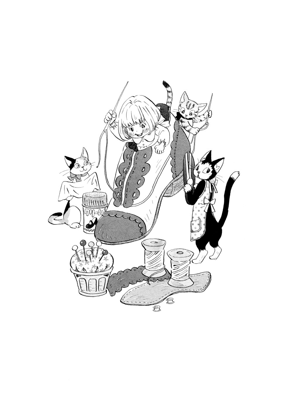1girl animal apron back_bow blunt_bangs bob_cut bow buttons cat child cloth collared_dress dot_nose dress eyelashes floral_print full_body greyscale hand_up happy highres holding holding_needle in_shoe kawamoto_momo leaning_forward leather light_blush looking_down monochrome needle oversized_clothes oversized_object parted_lips pincushion polka_dot polka_dot_apron saddle_shoes sangatsu_no_lion scissors sewing sewing_kit sewing_needle shoes short_hair simple_background smile solo spool string umino_chika white_background