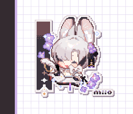 1girl ^_^ animal_ear_fluff animal_ears arin_(fanfan013) artist_name bare_shoulders black_bow black_hair blush_stickers book bookmark border bow buttons chibi cleavage_cutout closed_eyes clothing_cutout commentary cropped_torso english_commentary eyelashes flower grey_hair grid_background hair_bow hair_flower hair_intakes hair_ornament happy holding holding_quill lowres mouse_ears multicolored_hair open_book open_mouth original pixel_art puffy_sleeves purple_flower quill shirt short_hair simple_background smile solo sparkle streaked_hair white_background white_border white_bow white_shirt writing