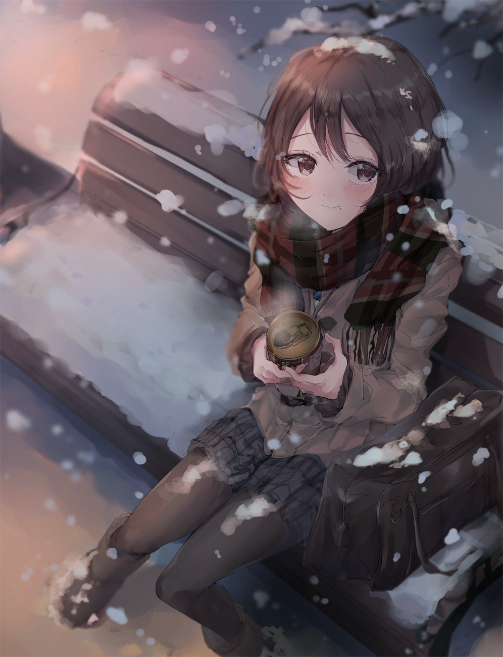 1girl bench black_skirt blush boots branch brown_bag brown_boots brown_eyes brown_hair brown_jacket brown_pantyhose brown_scarf can canned_coffee closed_mouth double-parted_bangs drink_can foot_out_of_frame from_above highres holding holding_can jacket long_sleeves looking_at_viewer mole mole_under_mouth najuco_(naju0517) night original outdoors pantyhose plaid_clothes plaid_scarf plaid_skirt pleated_skirt scarf sitting skirt smile snow snow_on_head snow_on_tree snowing solo