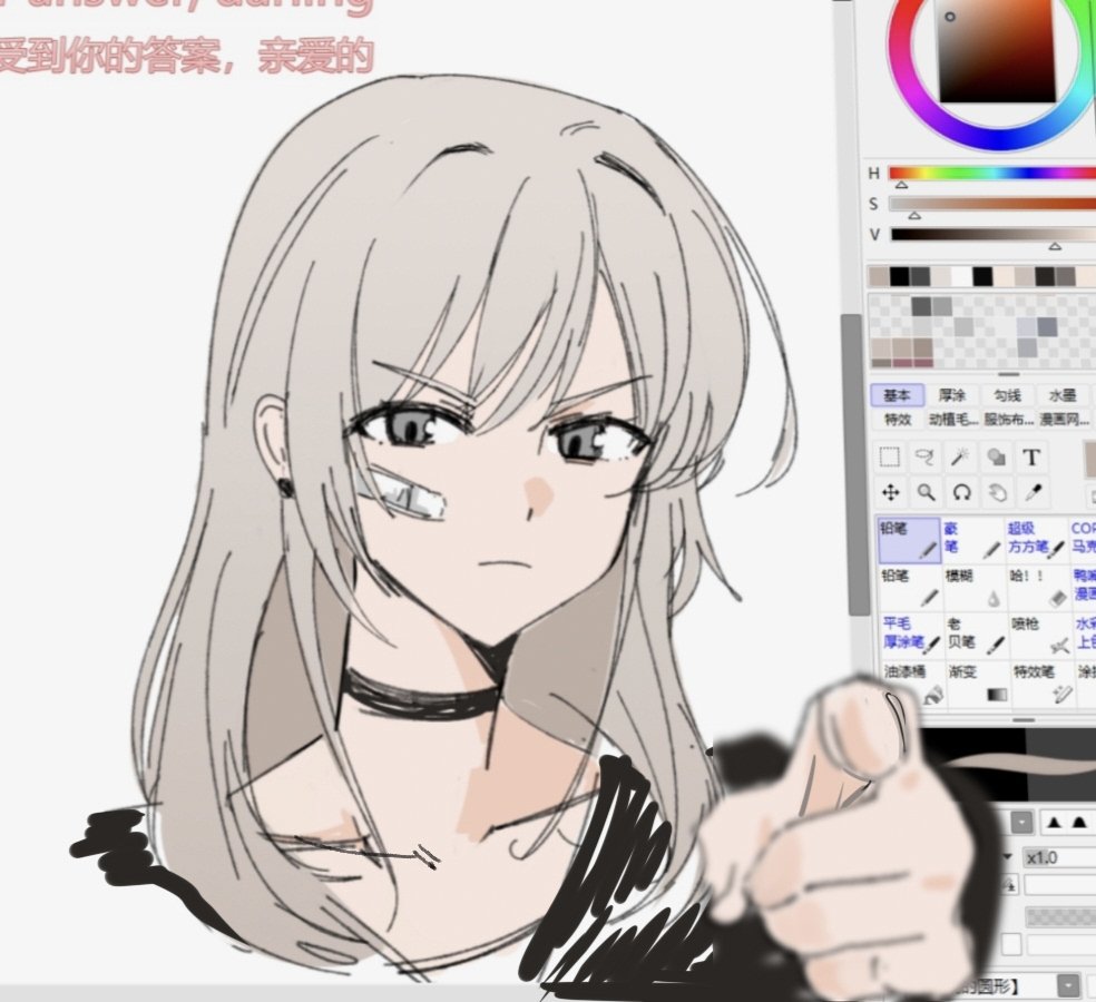 1girl art_program_in_frame bad_id bad_twitter_id bandaid bandaid_on_face black_choker chinese_commentary choker commentary_request girls_band_cry grey_eyes grey_hair haidao_mao image_sample kawaragi_momoka long_hair pointing pointing_at_viewer solo twitter_sample white_background