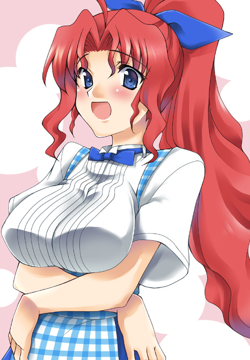 1girl alternate_costume apron blue_apron blue_eyes breasts gingham gingham_apron gokubuto_mayuge hair_ribbon kobeya_uniform kojima_satomi large_breasts long_hair looking_at_viewer pink_background plaid_apron plaid_clothes pleated_shirt ponytail red_hair ribbon solo upper_body wrestle_angels wrestle_angels_survivor wrestle_angels_survivor_2