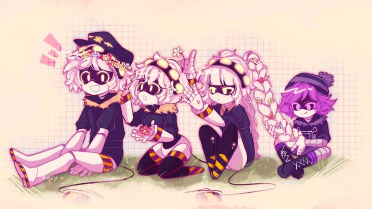 1boy 3girls braided_pigtails braiding_hair flower glitch_productions hair_flower hair_ornament hairdressing hat j_(murder_drones) mecha_girl multiple_girls murder_drones n_(murder_drones) no_humans purple_hair robot uzi_(murder_drones) v_(murder_drones) white_hair yellow_eyes