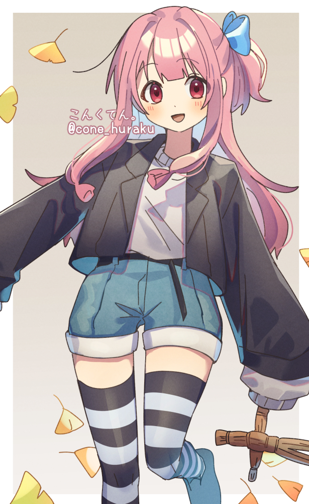 1girl alternate_costume black_jacket black_thighhighs blue_bow blue_shirt border bow brown_background commentary corn_kuten doll foot_out_of_frame ginkgo_leaf hair_bow holding holding_doll jacket kotonoha_aoi leaf long_hair looking_at_viewer one_side_up open_mouth pink_hair red_eyes shirt sleeves_past_fingers sleeves_past_wrists smile solo straw_doll striped_clothes striped_thighhighs thighhighs voiceroid white_background white_shirt white_thighhighs