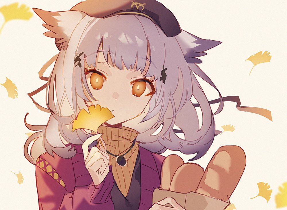1girl arknights awa_iro bag baguette beret black_hat bread cardigan food ginkgo_leaf hat holding holding_bag jacket leaf long_hair long_sleeves looking_at_viewer official_alternate_costume orange_eyes orange_sweater owl_ears owl_girl paper_bag portrait ptilopsis_(arknights) ptilopsis_(serenity)_(arknights) purple_cardigan purple_jacket solo sweater white_hair