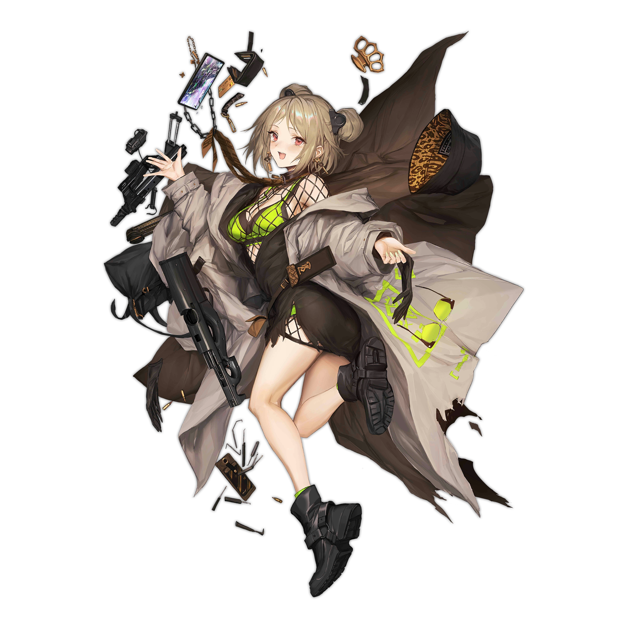 1girl ammunition armor-piercing_ammunition black_footwear black_shirt blush bra bra_strap brass_knuckles breasts brown_necktie bullet bullpup cellphone coat coat_on_shoulders double_bun earrings unworn_eyewear fishnets fn_5.7x28mm girls'_frontline green_bra green_nails green_panties grey_coat grid gun hair_bun highres horizontal_magazine jewelry light_brown_hair lm7_(op-center) looking_at_viewer medium_breasts medium_hair nail_polish necktie official_alternate_costume official_art open_mouth p90 p90_(girls'_frontline) p90_(the_girl_from_b.e.l)_(girls'_frontline) panties pdw_cartridge phone red_eyes see-through_clothes shirt smartphone smile solo standing standing_on_one_leg submachine_gun supersonic_ammunition torn_clothes translucent transparent_background underwear weapon
