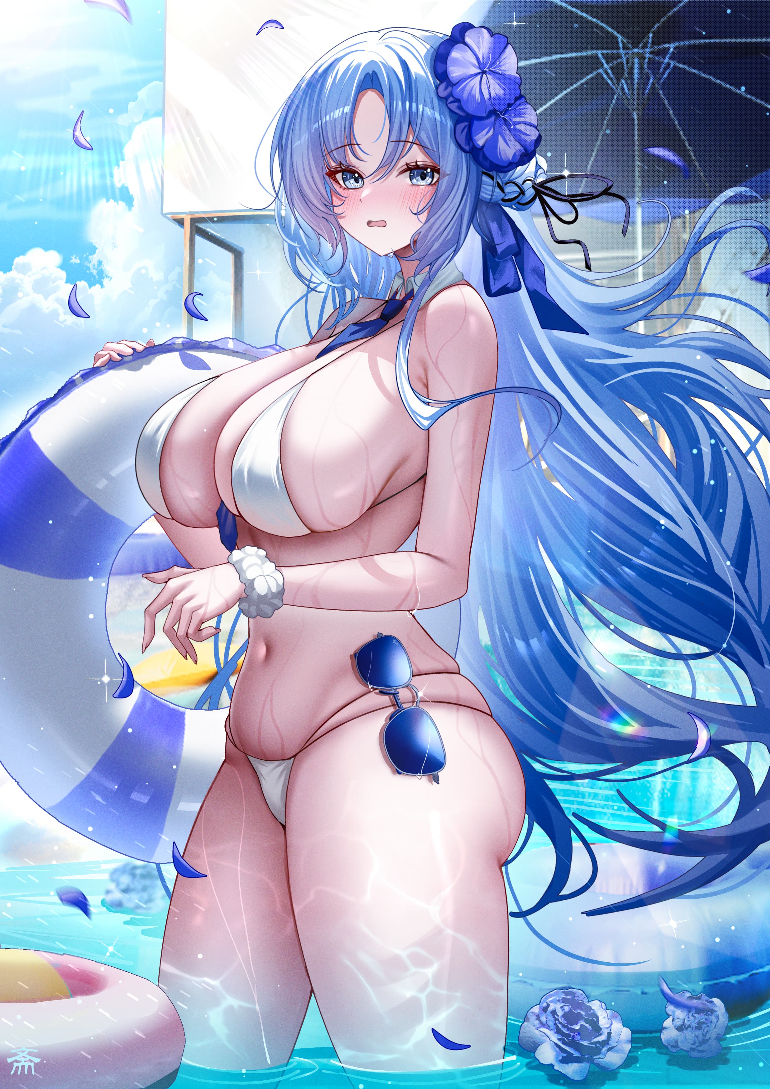 1girl absurdres alsace_(azur_lane) alsace_(heat_beating_summer_sacrament)_(azur_lane) azur_lane bare_arms bare_shoulders bikini blue_hair blush breasts day hair_ornament highres holding holding_swim_ring innertube large_breasts long_hair looking_at_viewer navel official_alternate_costume open_mouth outdoors parted_bangs partially_submerged sideboob solo stomach sunglasses swim_ring swimsuit tansuan_(ensj3875) thighs unworn_eyewear white_bikini