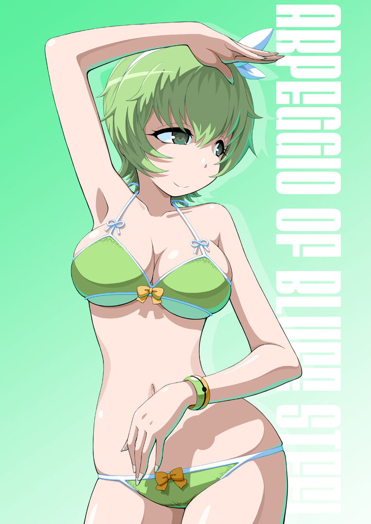 1girl aoki_hagane_no_arpeggio arm_up bad_id bad_pixiv_id bikini bracelet breasts copyright_name cowboy_shot female_focus green_bikini green_eyes green_hair jewelry kamo_3 large_breasts lowleg lowleg_bikini nachi_(aoki_hagane_no_arpeggio) navel short_hair smile solo swimsuit