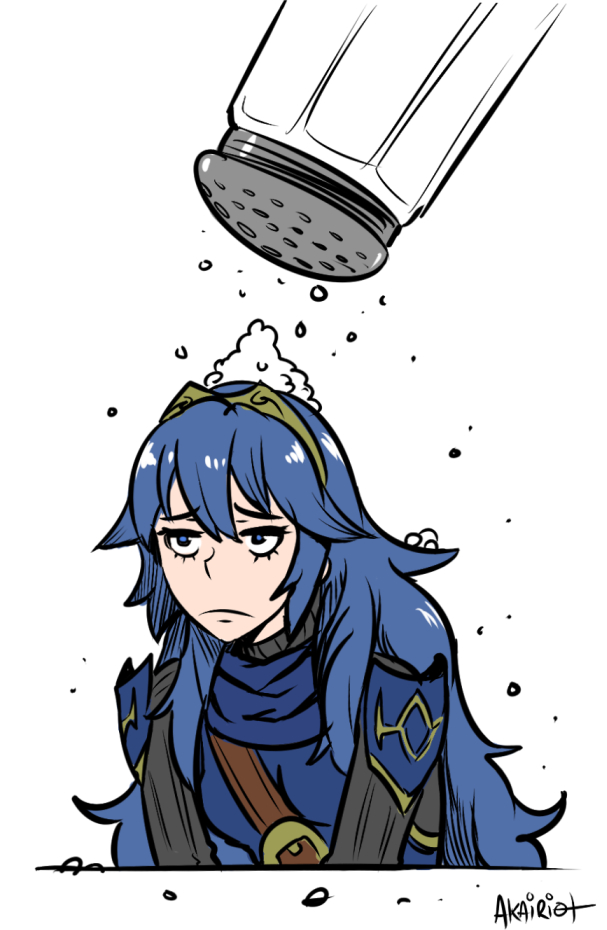 1girl akairiot armor blue_eyes blue_hair female_focus fire_emblem fire_emblem_awakening half-closed_eyes long_hair lucina_(fire_emblem) matching_hair/eyes nintendo salt salt_shaker solo super_smash_bros. tiara too_literal