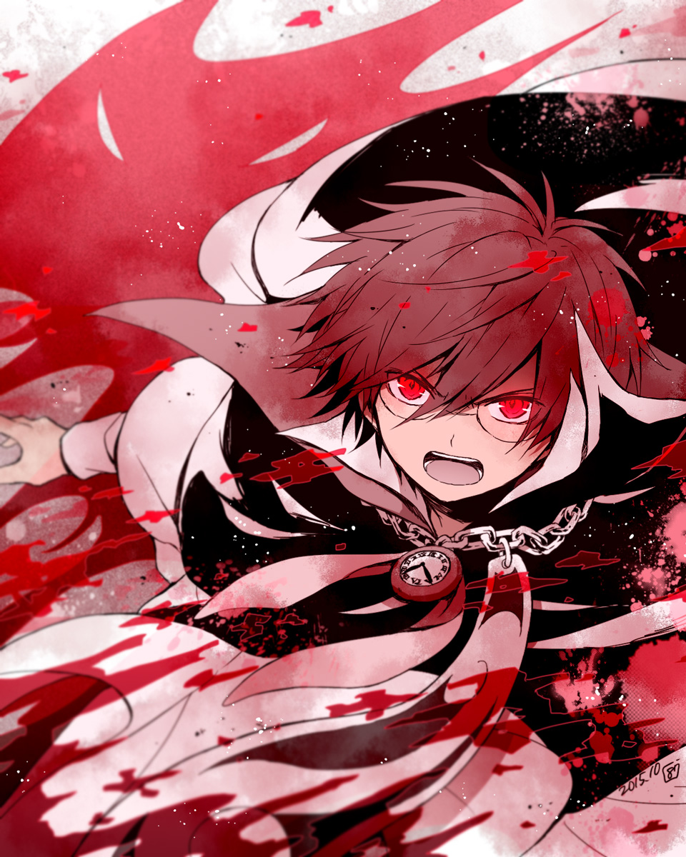 1boy cape chain clock dated glasses hair_between_eyes hana_(mew) highres klug_(puyopuyo) looking_at_viewer male_focus open_mouth puyopuyo puyopuyo_fever red_eyes red_theme short_hair signature solo strange_klug