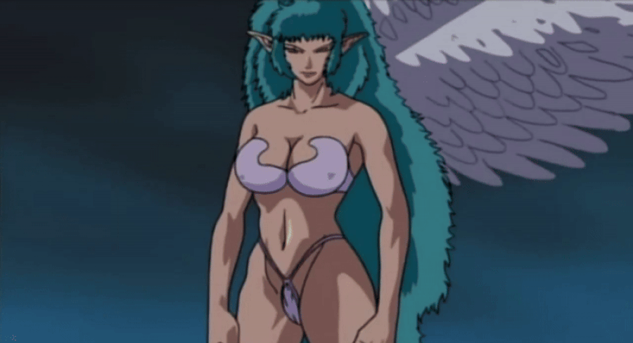 00s 1girl 2002 animated animated_gif breasts curly_hair demon demon_girl eyeshadow feathered_wings feathers genyo_(the_urotsuki) green_hair large_breasts lipstick long_hair lowres makeup pointy_ears queen sidelocks tagme thick_lips urotsukidouji weapon wings yellow_eyes
