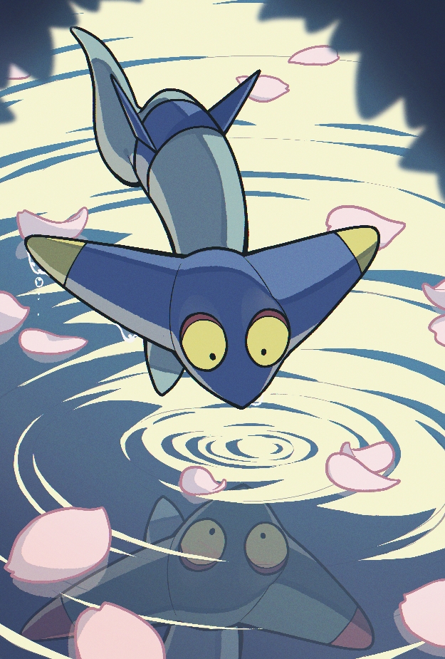 alternate_color aqua_skin aru_(citrine_drplt) black_eyes colored_sclera colored_skin dreepy floating gen_8_pokemon head_wings nintendo no_humans petals pink_petals pokemon pokemon_(creature) reflection reflective_water ripples shiny_and_normal shiny_pokemon water_drop wings yellow_sclera