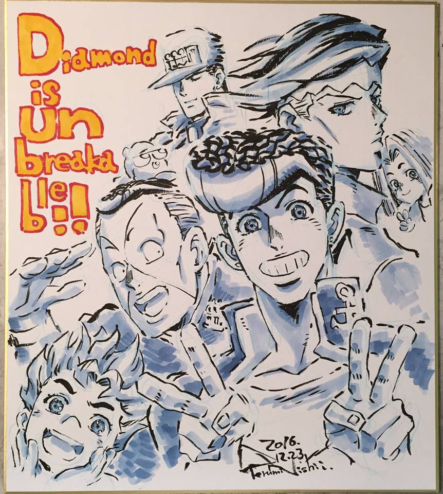 6+boys copyright_name hat higashikata_josuke hirose_koichi jojo_no_kimyou_na_bouken kawajiri_hayato kishibe_rohan kuujou_joutarou male_focus md5_mismatch monochrome multiple_boys nijimura_okuyasu nishii_terumi official_art pompadour resized school_uniform shizuka_joestar spot_color upper_body