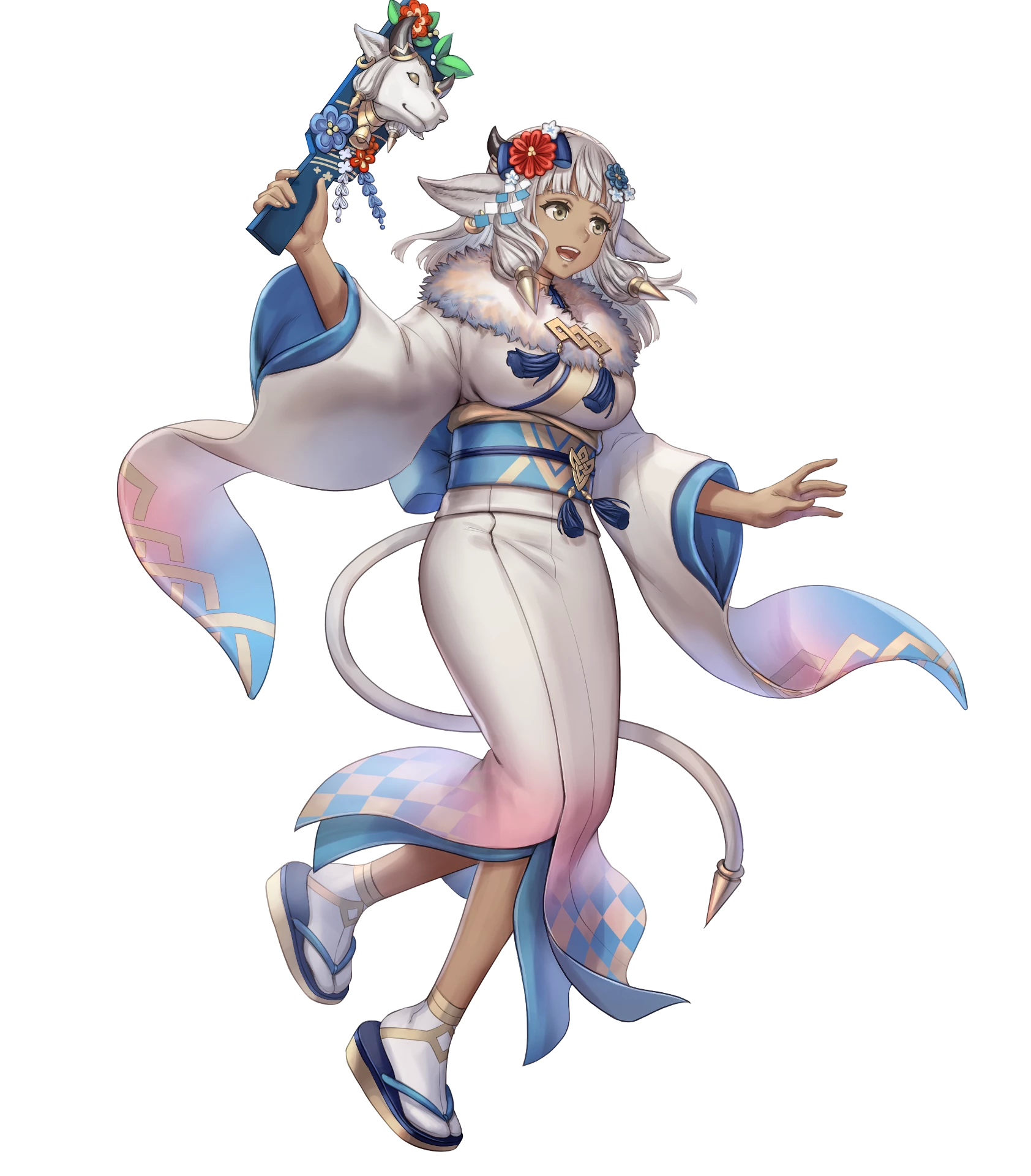 1girl anbe_yoshirou animal_ears ash_(fire_emblem) ash_(new_year)_(fire_emblem) breasts cow_ears cow_horns cow_tail dark-skinned_female dark_skin fire_emblem fire_emblem_heroes flower full_body fur_trim gradient_background gradient_clothes hagoita hair_ornament highres holding horns japanese_clothes kimono long_hair looking_away medium_breasts nintendo non-web_source obi official_art open_mouth paddle sandals sash sidelocks smile solo tabi tail transparent_background white_hair wide_sleeves yellow_eyes zouri