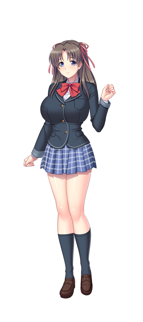 1girl black_socks blue_eyes bow bowtie breasts brown_hair brown_shoes female_focus full_body game_cg hair_ribbon huge_breasts kneehighs kyonyuu_onsen_kozukuri_no_yu loafers long_hair long_sleeves plated_skirt ribbon school_uniform shoes skirt socks solo standing suzuki_falco tachi-e tougenkyo_(company) transparent_background twintails yamashina_sayaka