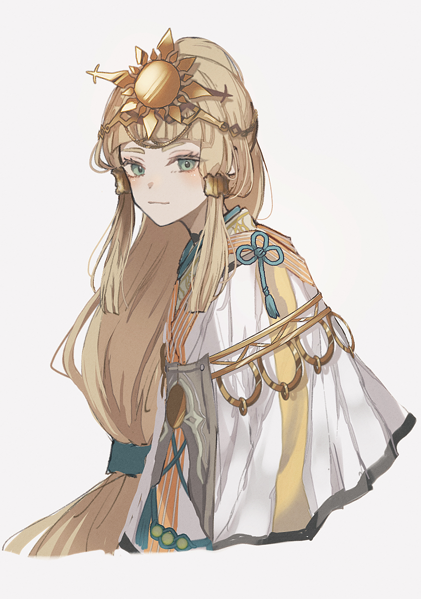 1girl blonde_hair blue_eyes blunt_bangs closed_mouth commentary_request grey_background highres japanese_clothes kanata_(rune_factory) long_hair long_sleeves looking_at_viewer rune_factory rune_factory:_guardians_of_azuma rurui_(jac7860) sidelocks simple_background smile solo sun_hair_ornament upper_body very_long_hair