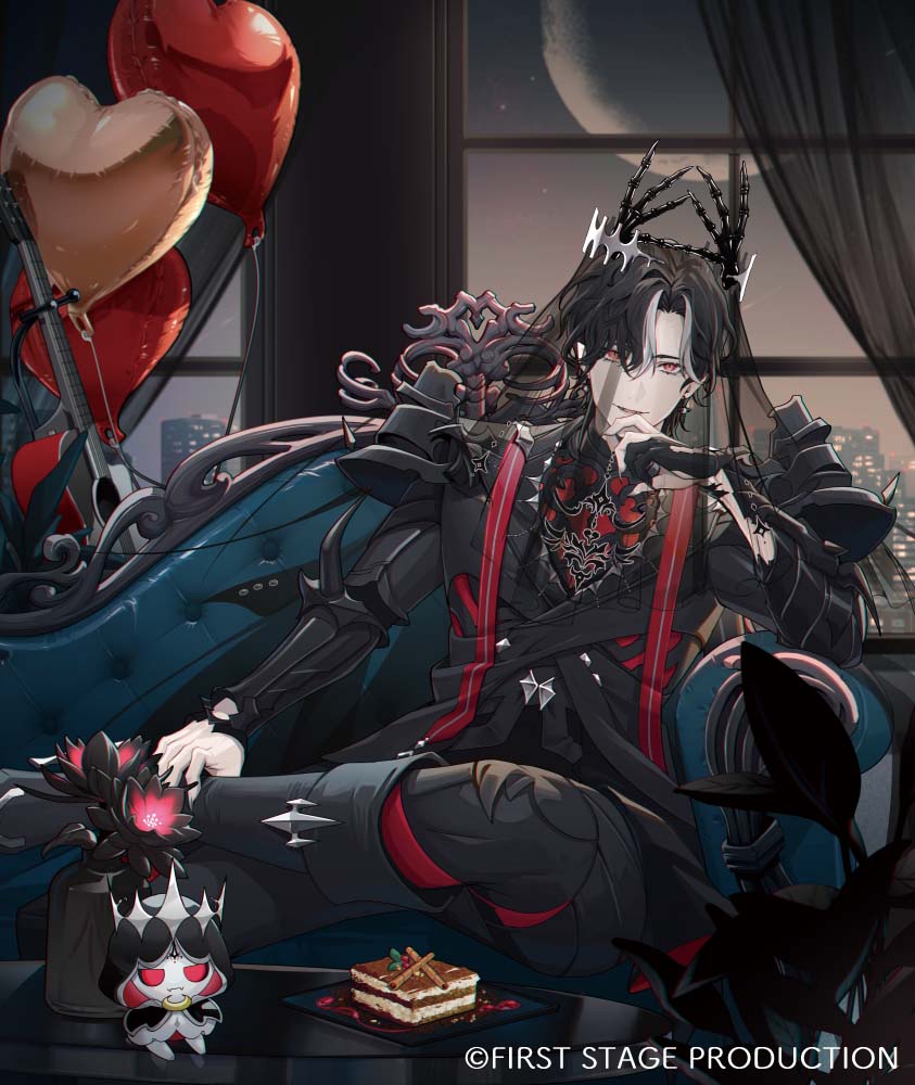 1boy armor balloon black_flower black_footwear black_gloves black_hair black_jacket black_pants black_veil chaise_longue copyright_notice crown curtained_hair curtains doll domco earrings elbow_rest feet_out_of_frame figure_four_sitting fingernails first_stage_production flower fold-over_boots food full_moon gloves guitar hair_between_eyes hand_on_own_chin heart_balloon instrument jacket jewelry looking_at_viewer lucien_lunaris male_focus moon multicolored_hair muntins official_art pants parted_lips partially_fingerless_gloves plate red_eyes red_flower red_shirt see-through_curtains sharp_fingernails shirt short_hair shoulder_armor single_glove sitting skeletal_hand smile solo spikes streaked_hair tiramisu vambraces vase veil virtual_youtuber white_hair window