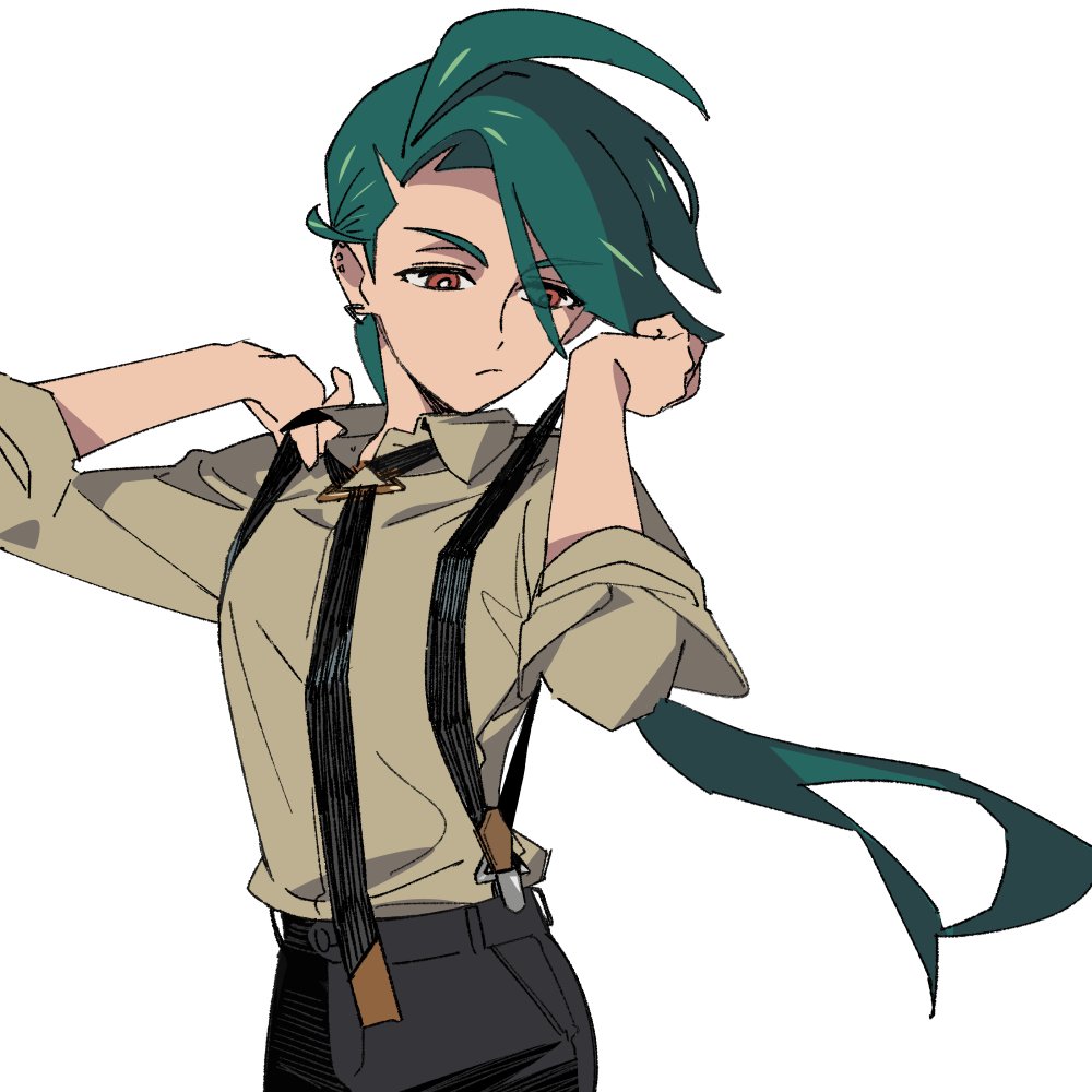 1girl ahoge black_necktie black_pants bright_pupils brown_eyes closed_mouth collared_shirt earrings green_hair hands_up jewelry logi_bunbukucha long_hair looking_down necktie nintendo pants pokemon pokemon_sv ponytail rika_(pokemon) shirt simple_background solo stud_earrings suspenders white_background white_pupils