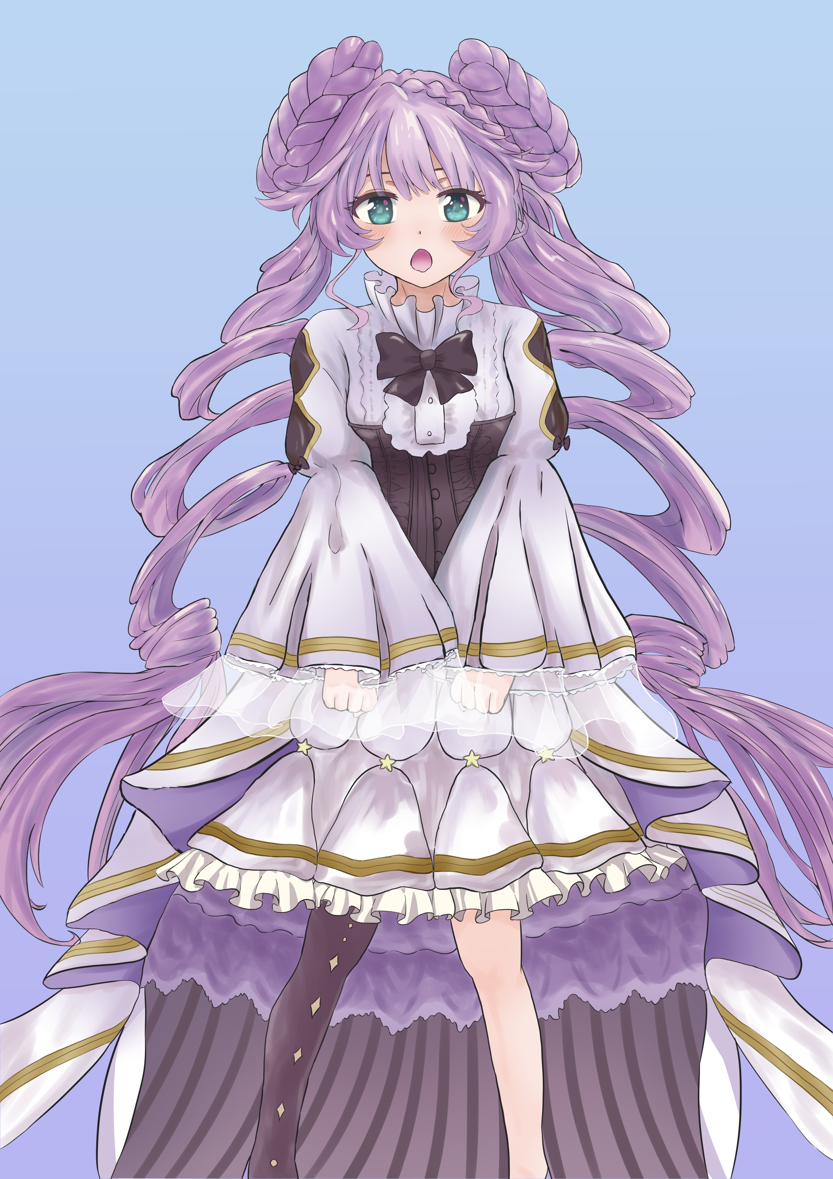 absurdres asymmetrical_legwear black_ribbon blue_background blue_eyes collar double_bun dress duel_monster frilled_collar frilled_dress frills gt_majoyan hair_bun highres long_hair long_sleeves looking_at_viewer mismatched_legwear open_mouth puffy_sleeves purple_hair ribbon selettrice_vaalmonica standing very_long_hair white_dress yu-gi-oh!