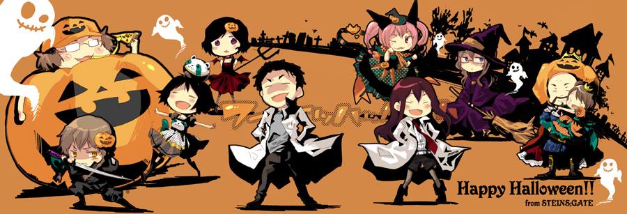 5pb. 6+girls :3 aki_eda animal animal_on_head bad_id bad_pixiv_id baseball_cap black_hair broom brown_hair character_request chibi crown demon_wings english_text everyone closed_eyes facial_hair ghost glasses hair_ornament halloween hands_on_own_hips hat jack-o&#039;-lantern katana lab_coat laughing long_hair long_image multiple_boys multiple_girls necktie nitroplus on_head one_eye_closed open_mouth pink_hair polearm science_adventure smile standing steins;gate sword trident twintails upa_(steins;gate) weapon wide_image wings witch_hat
