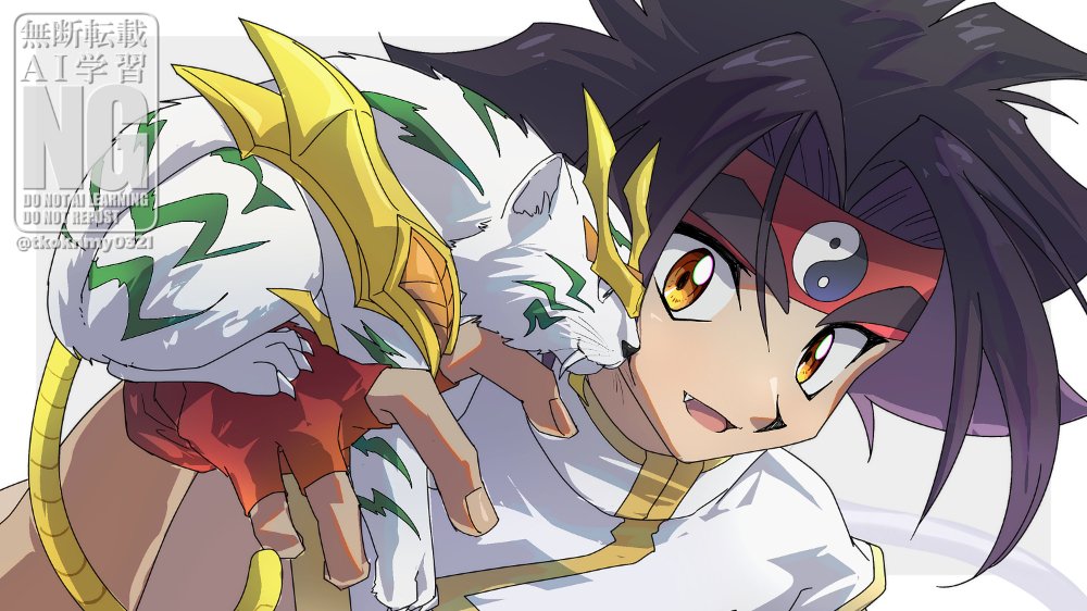 1boy bakuten_shoot_beyblade beyblade beyblade_(object) black_hair byakko chinese_clothes fingerless_gloves gloves grey_background headband holding kon_rei long_hair male_focus red_gloves red_headband shirt solo_focus tkoknmy0321 twitter_username upper_body watermark white_shirt yin_yang yin_yang_print