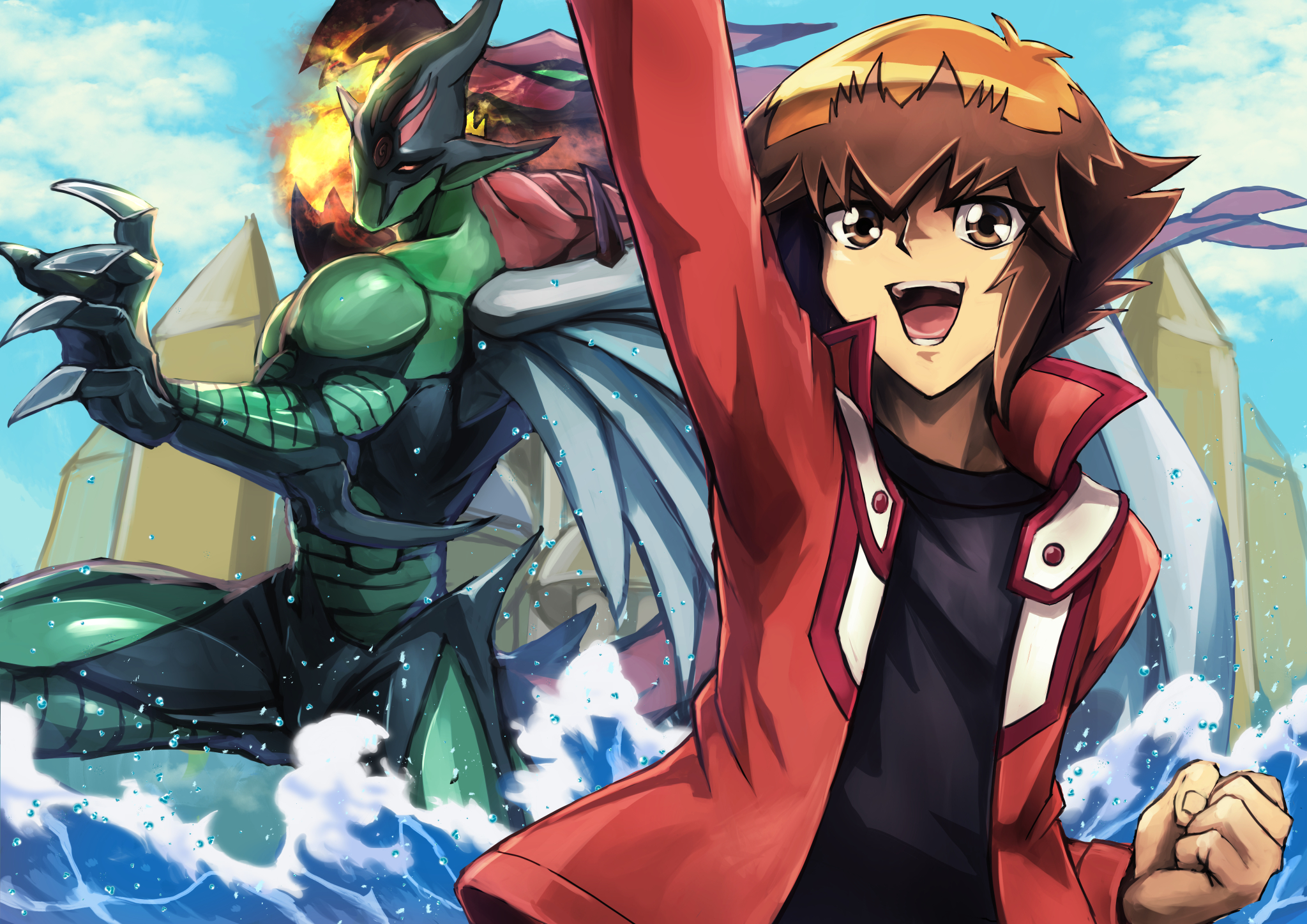 2boys arm_up black_shirt brown_eyes brown_hair clenched_hand deadspike_nine duel_academy_uniform_(yu-gi-oh!_gx) duel_monster elemental_hero_flame_wingman feathered_wings fire green_eyes highres jacket long_sleeves male_focus multicolored_hair multiple_boys open_clothes open_jacket open_mouth red_eyes red_jacket shirt single_wing two-tone_hair water waves wings yu-gi-oh! yu-gi-oh!_gx yuki_judai