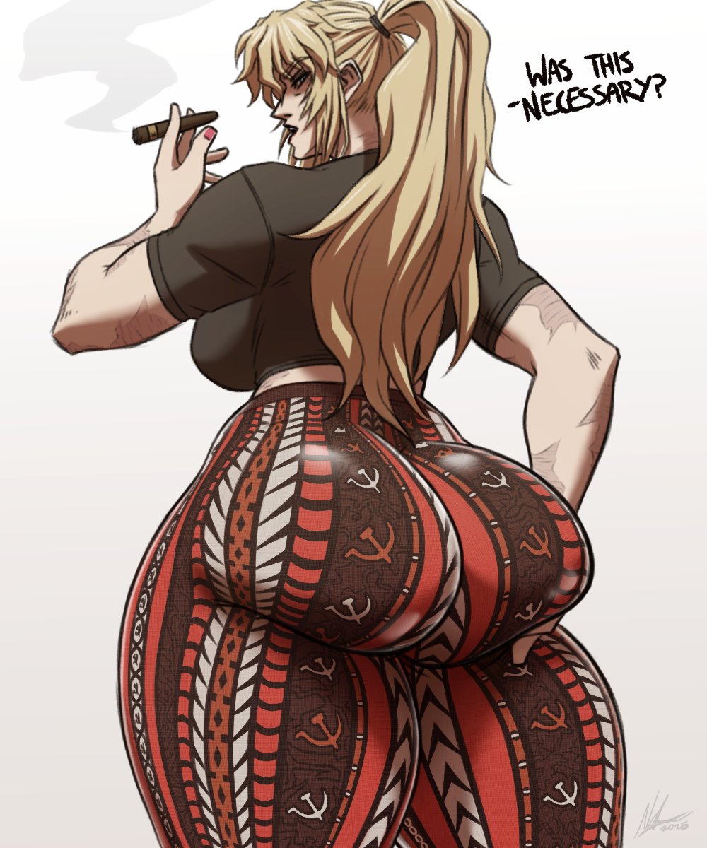 1girl 4ces ass balalaika_(black_lagoon) black_lagoon black_shirt blonde_hair breasts burn_scar cigar english_text forbidden_pants from_behind hammer_and_sickle highres holding holding_cigar huge_ass huge_breasts large_breasts long_hair meme_attire ponytail scar shirt smoke thighs