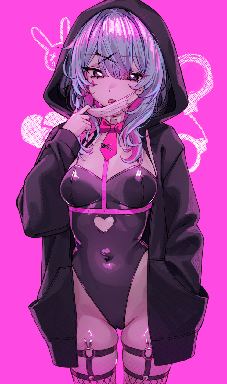 1girl black_jacket black_leotard blue_hair breasts clothing_cutout cowboy_shot cutout_above_navel hand_in_pocket hatsune_miku heart_cutout highres jacket leotard mask medium_breasts medium_hair mouth_mask multicolored_hair navel pink_background pink_hair rabbit_hole_(vocaloid) simple_background skindentation solo spaghetti_strap streaked_hair surgical_mask teardrop_facial_mark thigh_strap tongue tongue_out two-tone_hair vocaloid waytok