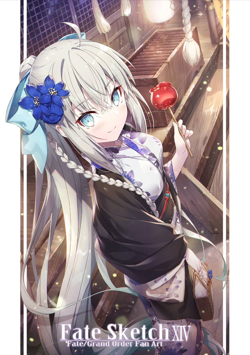 1girl ahoge basket black_kimono blue_eyes bow box braid breasts candy_apple cover cover_page donation_box fate/grand_order fate_(series) floral_print flower food gabiran grey_hair hair_bow hair_flower hair_ornament highres japanese_clothes kimono large_breasts layered_clothes layered_kimono long_hair long_sleeves looking_at_viewer morgan_le_fay_(fate) morgan_le_fay_(fgo_fes._2023)_(fate) obi ponytail sash sidelocks smile solo very_long_hair white_kimono wide_sleeves