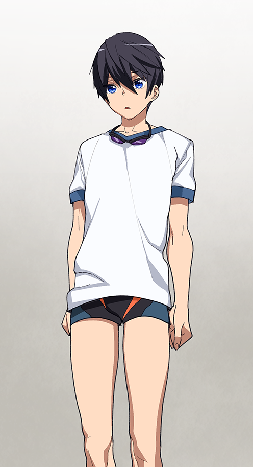 1boy arms_at_sides black_hair black_jammers black_male_swimwear blue_eyes feet_out_of_frame goggles goggles_around_neck grey_background high_speed! jammers looking_at_viewer male_focus male_swimwear megumi-square nanase_haruka_(free!) simple_background solo swimsuit swimsuit_under_clothes thighs