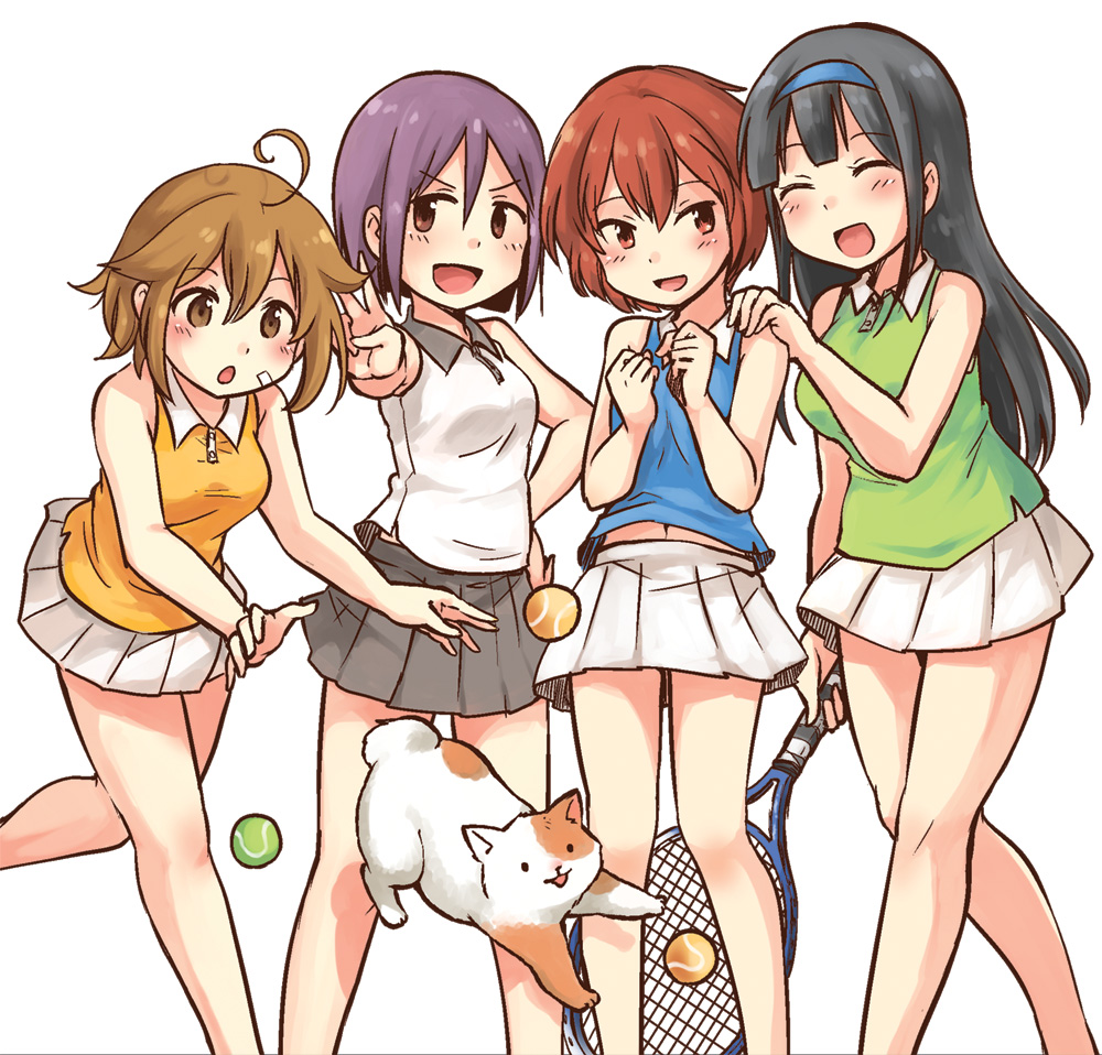 4girls :d :o ahoge ball bandaid bandaid_on_face bare_shoulders black_hair black_skirt blue_hairband blue_shirt bob_cut breasts brown_eyes cat character_request chasing closed_eyes collared_shirt commentary_request feet_out_of_frame green_shirt hair_between_eyes hairband hand_on_another&#039;s_shoulder jumping kirisawa_juuzou large_breasts light_brown_hair long_hair looking_at_another looking_at_viewer midriff_peek miniskirt multiple_girls navel open_mouth original own_hands_together pleated_skirt purple_hair racket red_eyes red_hair shirt shoes short_hair simple_background skirt sleeveless sleeveless_shirt small_breasts smile sneakers sportswear standing tennis_ball tennis_racket tennis_skirt tennis_uniform third-party_edit third-party_extraction usakame v w_arms white_background white_shirt white_skirt yellow_shirt