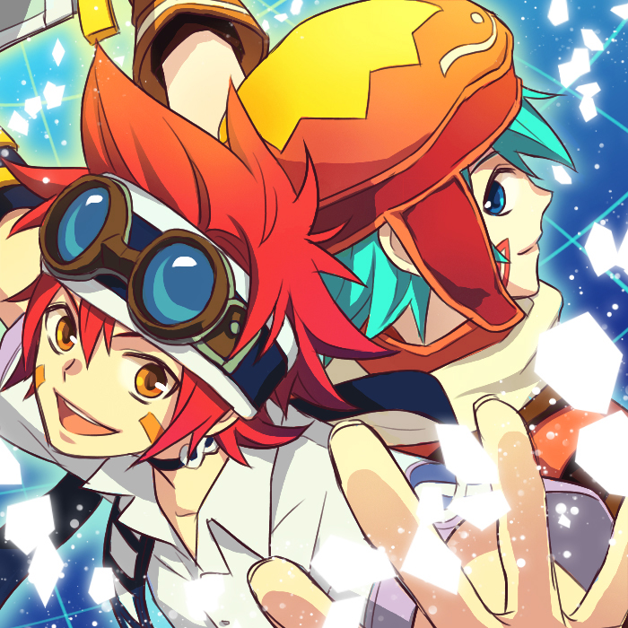 .hack// .hack//link 2boys aqua_hair bad_id bad_pixiv_id bandai blue_eyes cyber_connect_2 goggles hat kuryuu_tokio minamigahara multiple_boys red_hair rogin_(log-in) smile