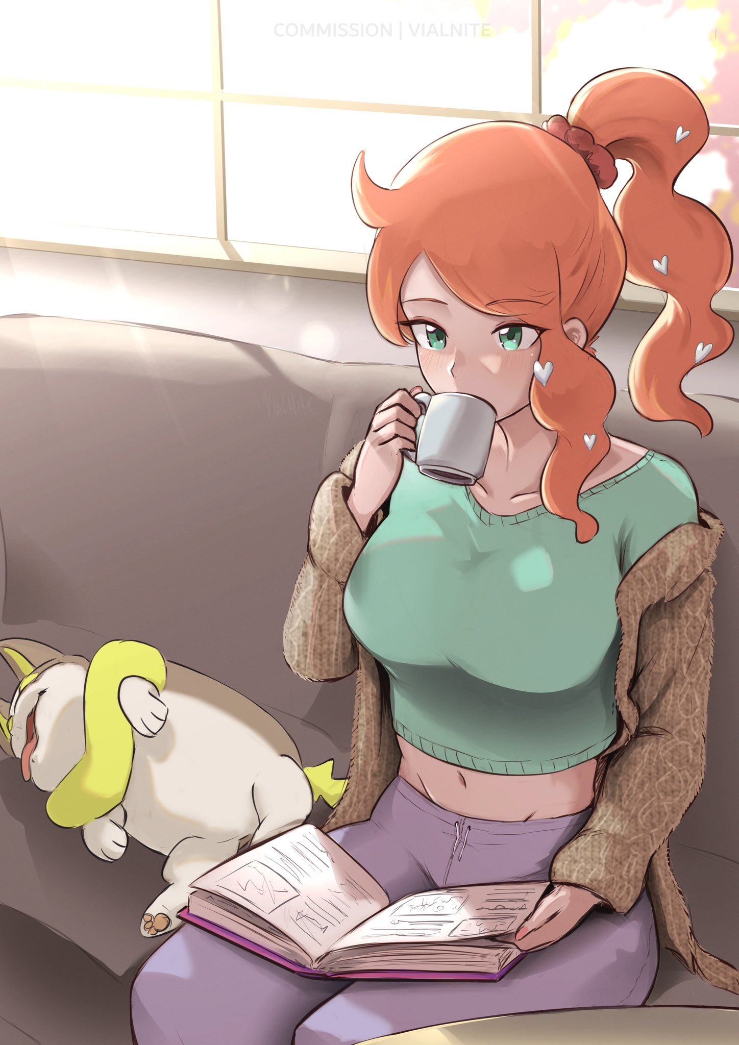 1girl book brown_jacket commentary commission couch cup drinking english_commentary gen_8_pokemon green_eyes green_shirt highres holding holding_book holding_cup jacket midriff navel nintendo off_shoulder on_couch open_book orange_hair pokemon pokemon_(creature) pokemon_sv ponytail shirt sitting sonia_(pokemon) vialnite yamper