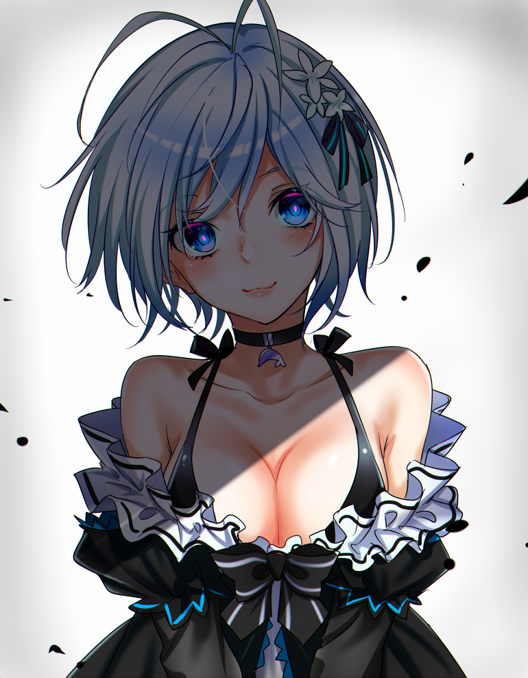 .live 1girl :3 antenna_hair bare_shoulders black_bow black_choker black_dress blue_eyes blue_hair blush bow breasts choker cleavage closed_mouth collarbone dennou_shoujo_siro dolphin_pendant dress female_focus flower frilled_dress frills gel_(nukoleg) gradient_background grey_background hair_flower hair_ornament jewelry juliet_sleeves light long_sleeves looking_at_viewer medium_breasts pendant pink_lips pink_pupils puffy_sleeves short_hair smile solo swept_bangs upper_body virtual_youtuber white_flower