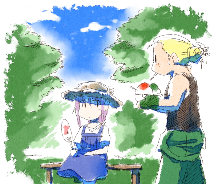 1boy 1girl alex_(street_fighter) alternate_costume alternate_hairstyle black_tank_top blonde_hair blue_sky bowl chibi chibi_only crossover fingerless_gloves food gloves green_gloves green_pants hand_fan hat holding holding_bowl holding_food looking_at_another looking_to_the_side melty_blood mo_(wkmdw) on_bench outdoors pants purple_hair shaved_ice sion_eltnam_(type-moon) sion_eltnam_atlasia sitting sky straw_hat street_fighter sun_hat tank_top tree tsukihime