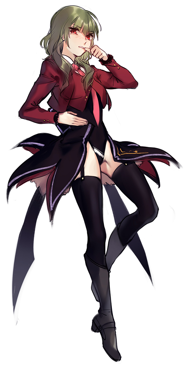 1girl biting biting_own_thumb black_thighhighs boots female_focus full_body garter_straps green_hair highres hug_(yourhug) knee_boots leotard leviathan_(umineko) necktie red_eyes solo thighhighs umineko_no_naku_koro_ni