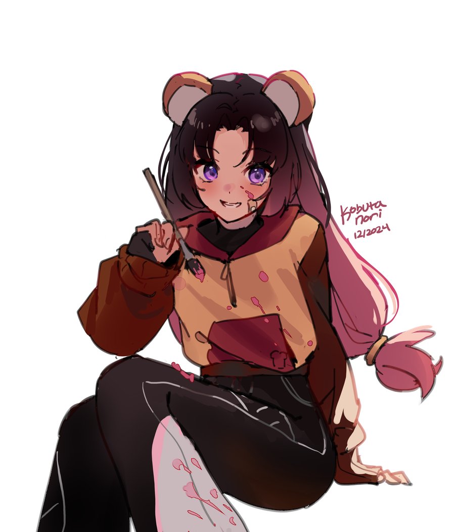 1girl animal_ears artist_name bear_ears black_gloves black_hair black_pants commentary dated denim dot_nose english_commentary feet_out_of_frame fingerless_gloves fingernails gloves gradient_hair grin hair_tie happy holding holding_paintbrush hood hood_down hoodie invisible_chair jeans kobutanori light_blush long_hair long_sleeves looking_at_viewer low-tied_long_hair multicolored_hair original paint_on_clothes paint_splatter paint_splatter_on_face paintbrush pants parted_bangs pink_hair pocket puffy_long_sleeves puffy_sleeves purple_eyes red_hood red_sleeves simple_background sitting sleeves_past_wrists smile solo very_long_hair white_background yellow_hoodie