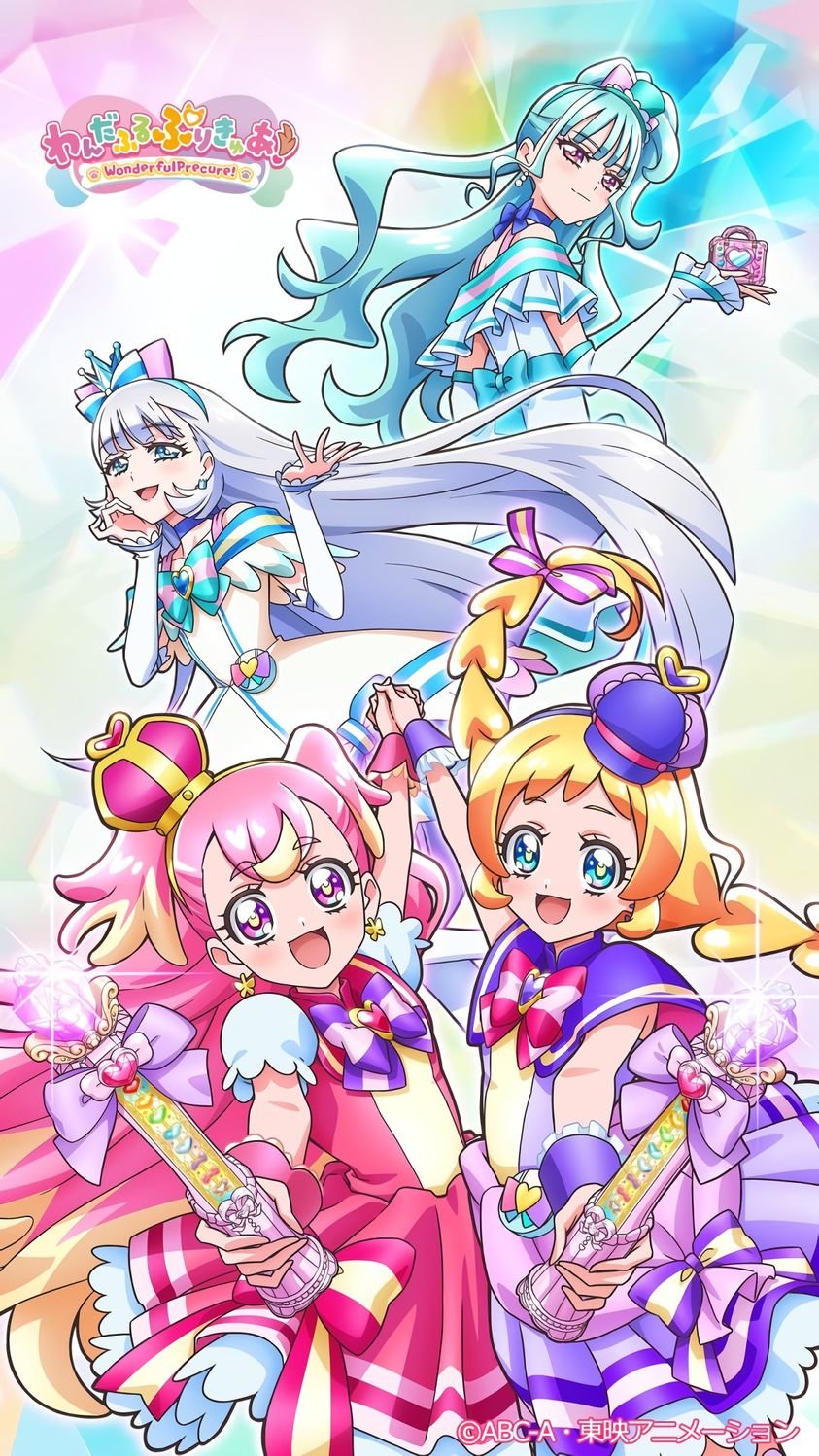 2024 4girls :d bag blonde_hair blue_eyes blue_hair bow bowtie crown crunchyroll cure_friendy cure_lillian cure_nyammy cure_wonderful diamond_(shape) eyebrows fingerless_gloves gloves happy headband highres inukai_iroha inukai_komugi long_hair magical_girl miniskirt multiple_girls nekoyashiki_mayu nekoyashiki_yuki official_art official_wallpaper open_mouth pig_tail pink_hair ponytail precure puffy_sleeves purple_eyes ribbon shirt short_hair short_sleeves skirt smile smiley_face tail toei_animation tv_asahi twintails white_hair wonderful_precure!