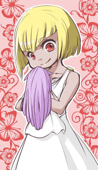 10s 1girl artist_request blonde_hair dark-skinned_female dark_skin doll dress female_focus kido_saori_(doll) looking_at_viewer lying pallas red_eyes saint_seiya saint_seiya_omega smile solo standing