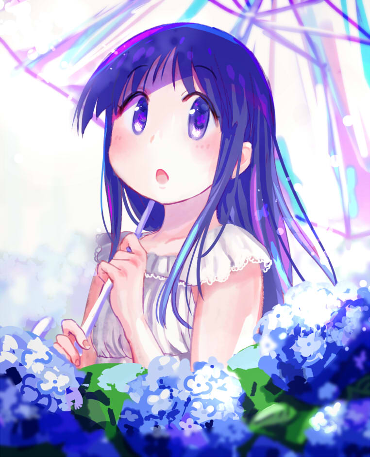 1girl blush dress flower hinata_yukari holding holding_umbrella long_hair looking_at_viewer open_mouth outdoors purple_eyes purple_hair sleeveless sleeveless_dress solo tatsunokosso umbrella upper_body white_dress yuyushiki