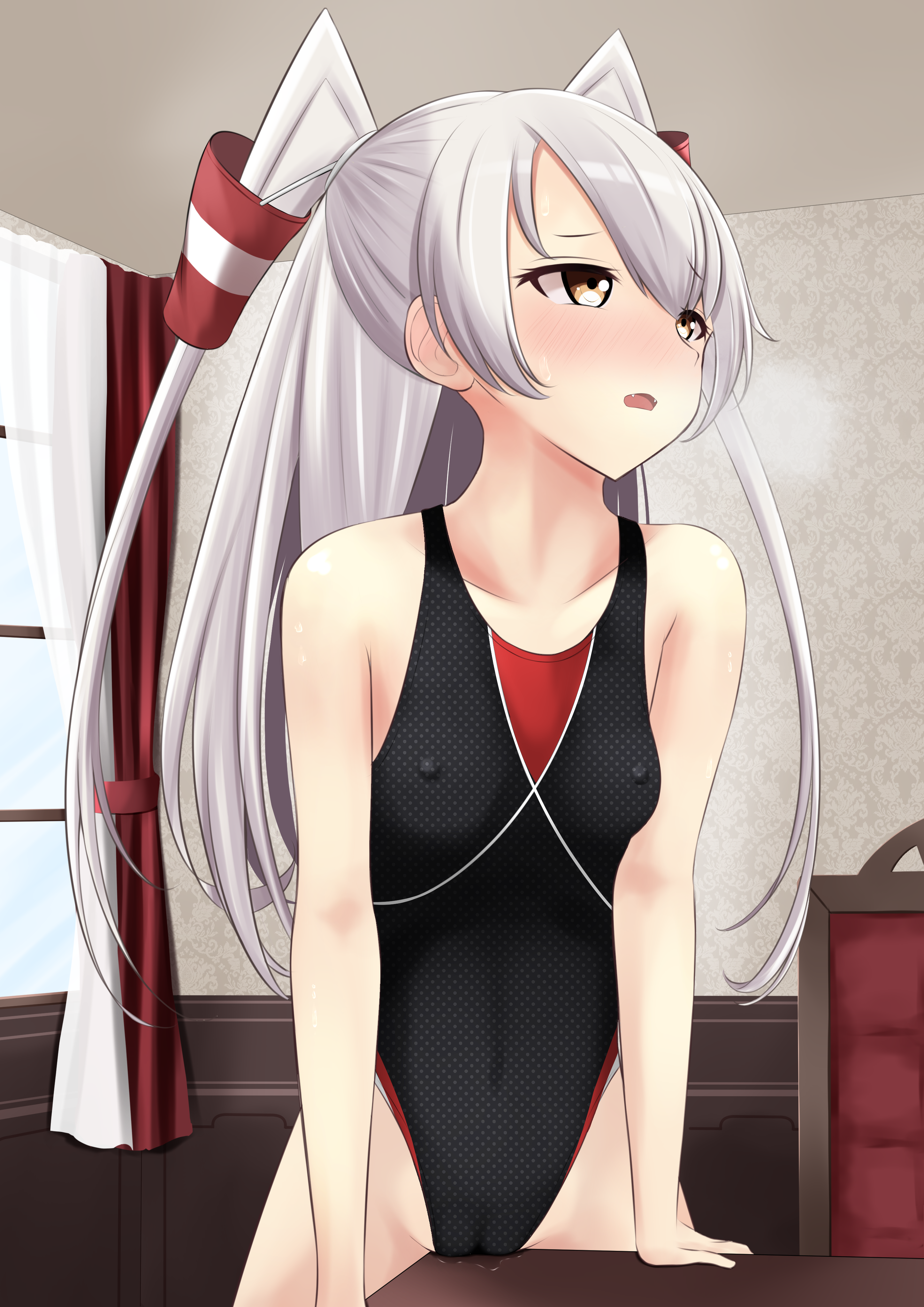 1girl absurdres amatsukaze_(kancolle) black_one-piece_swimsuit breasts breath brown_eyes cameltoe collarbone competition_swimsuit covered_erect_nipples covered_navel cowboy_shot crotch_rub female_masturbation hair_tubes highleg highleg_one-piece_swimsuit highres indoors kantai_collection long_hair masturbation nokonoko one-piece_swimsuit pussy_juice silver_hair small_breasts solo swimsuit table_humping two_side_up window