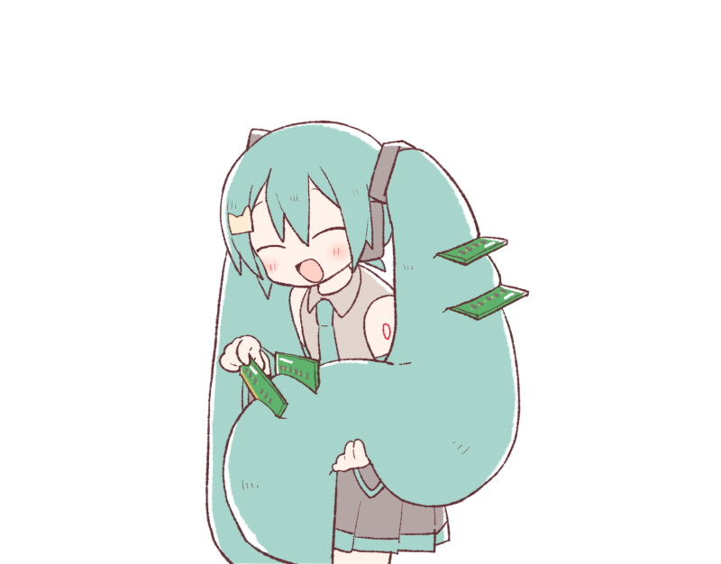1girl aqua_hair aqua_necktie bare_shoulders black_skirt black_sleeves blush chibi closed_eyes commentary cowboy_shot detached_sleeves gomahichi grey_shirt hair_ornament hatsune_miku headphones holding holding_own_hair long_hair miniskirt necktie open_mouth pleated_skirt ram_(computer) shirt shoulder_tattoo skirt sleeveless sleeveless_shirt smile solo standing tattoo twintails very_long_hair vocaloid white_background